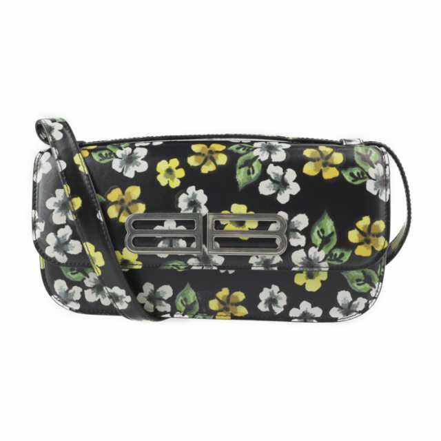 美品 BALENCIAGA バレンシアガ GOSSIP BAG SML 674693 ショルダーバッグ レザー ブラック ゴシップ フラワー 花柄 BBロゴ【本物保証】