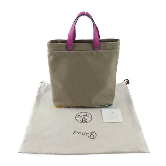超美品 HERMES エルメス petit h プティアッシュ - トートバッグ コットンキャンバス レザー シルク カーキ系 ハンドバッグ【本物保証】_7