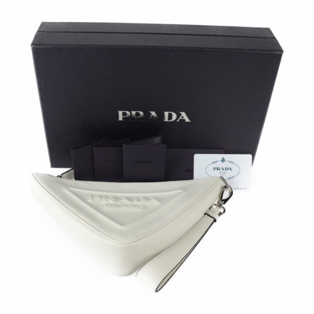 新古未使用展示品 PRADA プラダ トライアングル クラッチバッグ 1NE039 セカンドバッグ レザー ホワイト リストレット ポーチ 三角ロゴ【