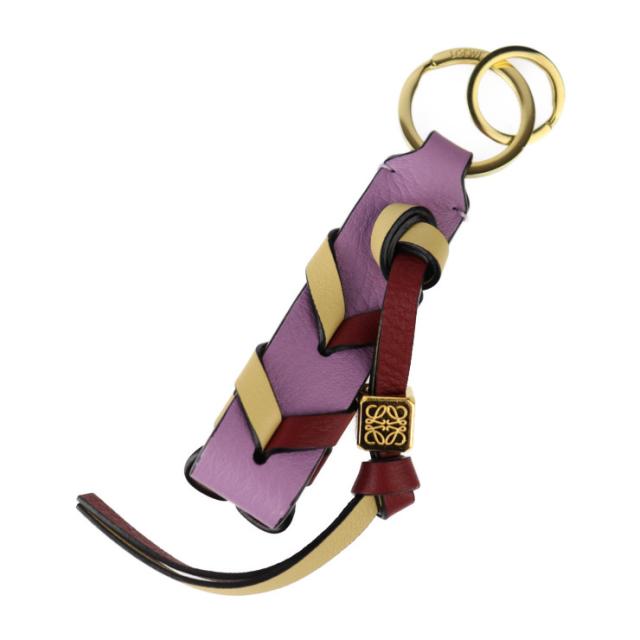 超美品 LOEWE ロエベ ブレイデッド キーリング アナグラム - キーホルダー レザー パープル バッグチャーム ゴールド金具【本物保証】の通販は