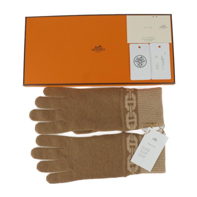 新品未使用展示品 HERMES エルメス 手袋《ヘヴン》 H232006G 手袋 表記サイズ M カシミヤ99% エラスタン1% シャテーニュ シェーヌ・ダンクル モチーフ グローブ【本物保証】