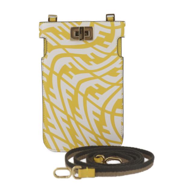 超美品 FENDI フェンディ ピーカフォン ピーカブー 8M0442 ショルダーバッグ カーフレザー イエロー系 ズッカ柄 スマホポーチ スマホケース ストラップ ターンロック【本物保証】
