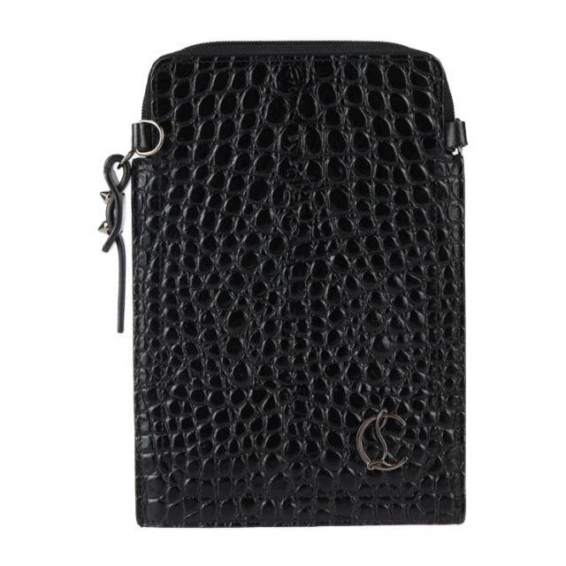 美品 Christian Louboutin クリスチャンルブタン ショルダーポーチ 3205315 ショルダーバッグ クロコ型押しカーフレザー ブラック スマートフォンホルダー フォンポーチ【本物保証】