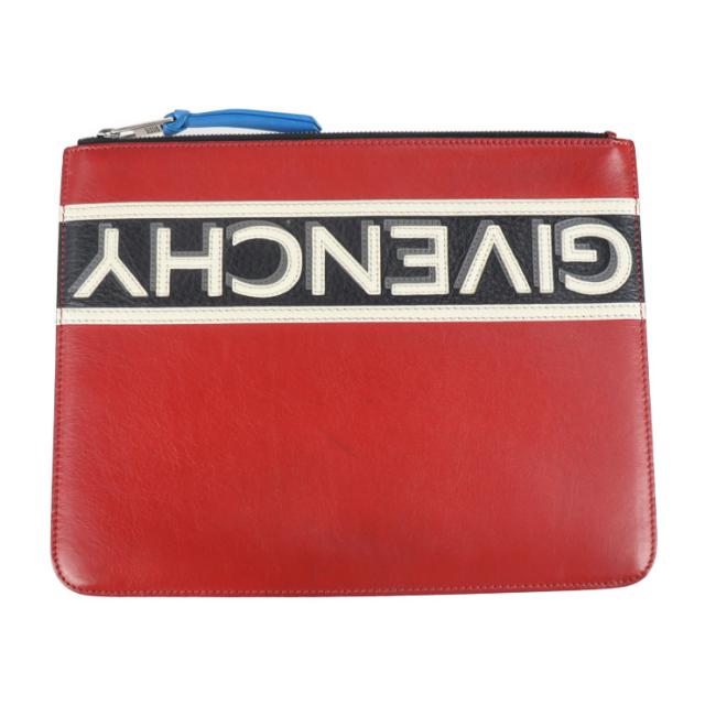 GIVENCHY ジバンシィ ポーチ セカンドバッグ レザー レッド ブラック ホワイト シルバー金具 クラッチバッグ ロゴ【本物保証】