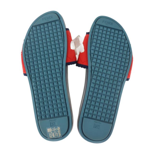 新品未使用展示品 FENDI フェンディ スライドサンダル サンダル ＃37 キャンバス レザー ラバー ネイビー レッド ホワイト フラット スリッパ リボン 参考サイズ 24.0cm【本物保証】