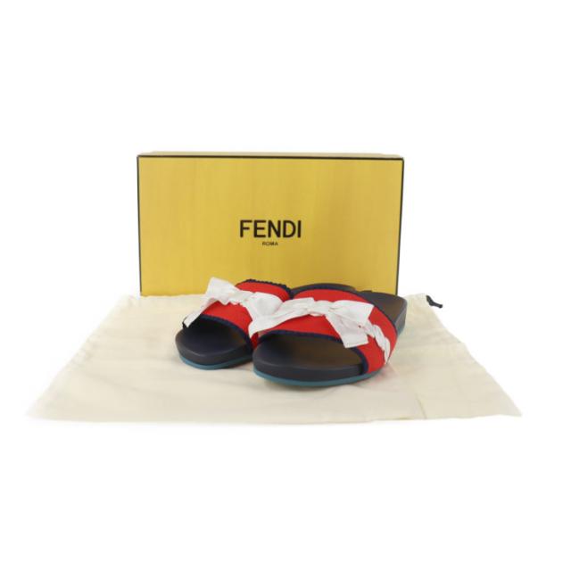 新品未使用展示品 FENDI フェンディ スライドサンダル サンダル ＃37 キャンバス レザー ラバー ネイビー レッド ホワイト フラット スリッパ リボン 参考サイズ 24.0cm【本物保証】