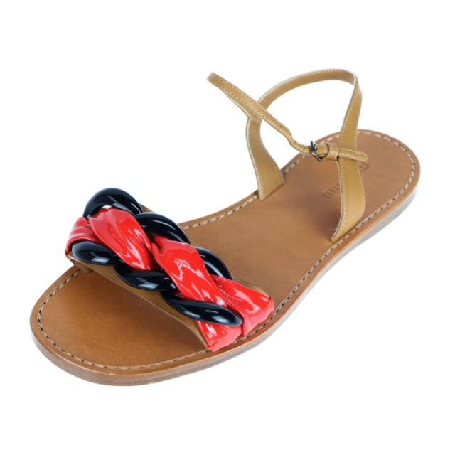 超美品 MIUMIU ミュウミュウ フラットサンダル サンダル 5X336A ＃36 1/2 レザー エナメル ブラウン レッド ブラック アンクルストラップ 参考23.5cm【本物保証】
