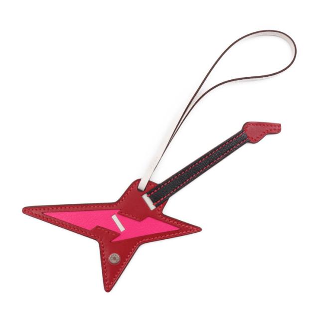 新品未使用展示品 エルメス ロック バッグチャーム レザー ルージュヴィフ ローズポップ 黒 白 ピック付き ギター【本物保証】