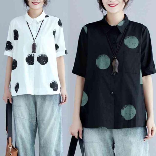 シャツ レディース 半袖 リネンシャツ トップス 大きいサイズ ドット柄 白 黒 シャツ ブラウス フォーマル 通学 カジュアルの通販はau Pay マーケット Mmc