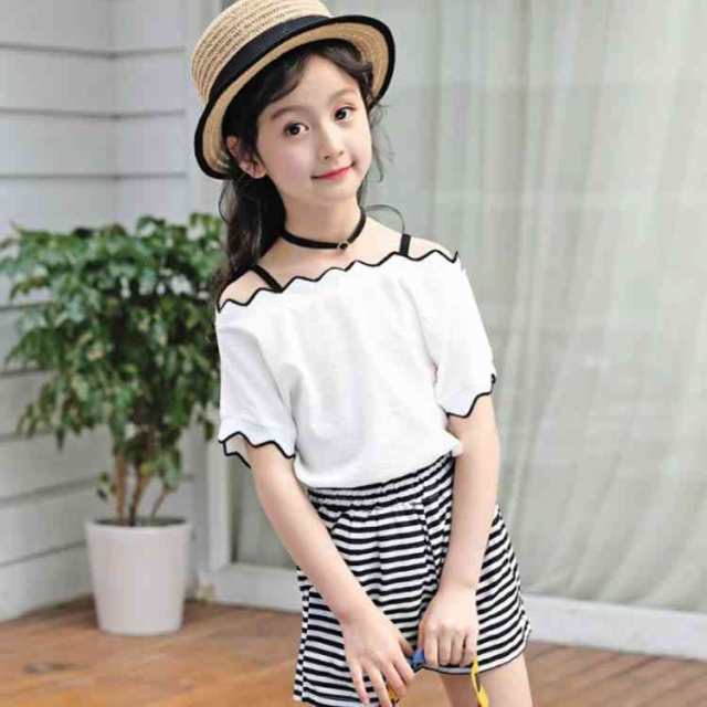 女の子2点セット トップス ショットパンツ 子供服 2点セット 女の子 肩出しトップス ボーダー柄ショットパンツ ウエストゴム の通販はau Pay マーケット Mmc