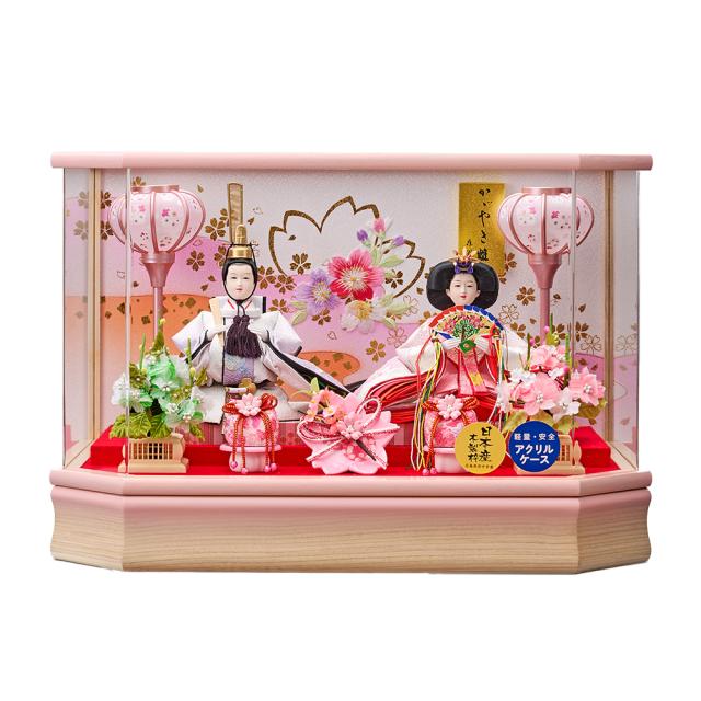 雛人形 ケース飾り ひな人形 おしゃれ お雛様 ゆきな 小三五 親王飾り 233-258 ピンク アクリル 六角 刺繍バック 電気入雪洞付 オルゴール内蔵の通販は