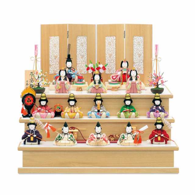 雛人形 木目込み 一秀 ひな人形 十五人飾 平安雛15号  木製三段セット かわいい コンパクト ひな人形 木目込 お雛様 おしゃれ まる顔 202の通販は