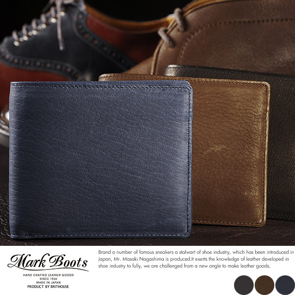 Mark Boots 二つ折り財布 柔らか鹿革 小銭入れなし  メンズ 大人 男性 本革 札入れ レザー 日本製 国産 シカ革 やわらかい ディアスキン  【送料無料】