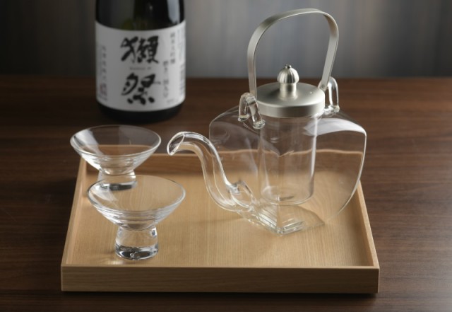 ガラス製ちろり 銀蓋 盃2個＆箱盆セット チロリ 日本製 冷酒 徳利 氷