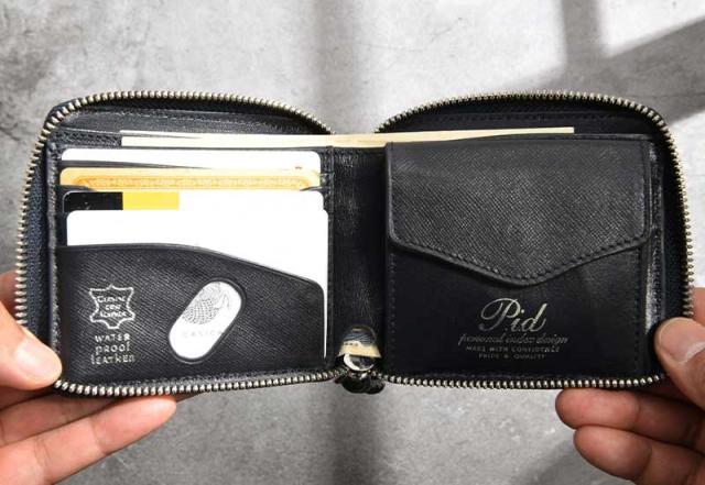 Pid 防水牛革 ラウンドファスナー二つ折り財布 ecrire 本革 レザー