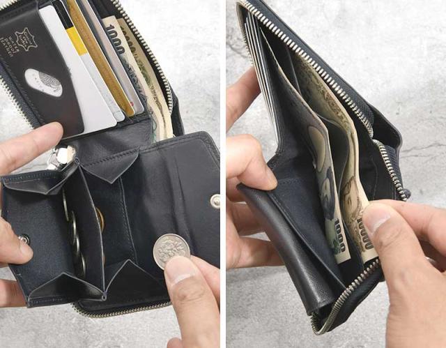 Pid 防水牛革 ラウンドファスナー二つ折り財布 ecrire 本革 レザー