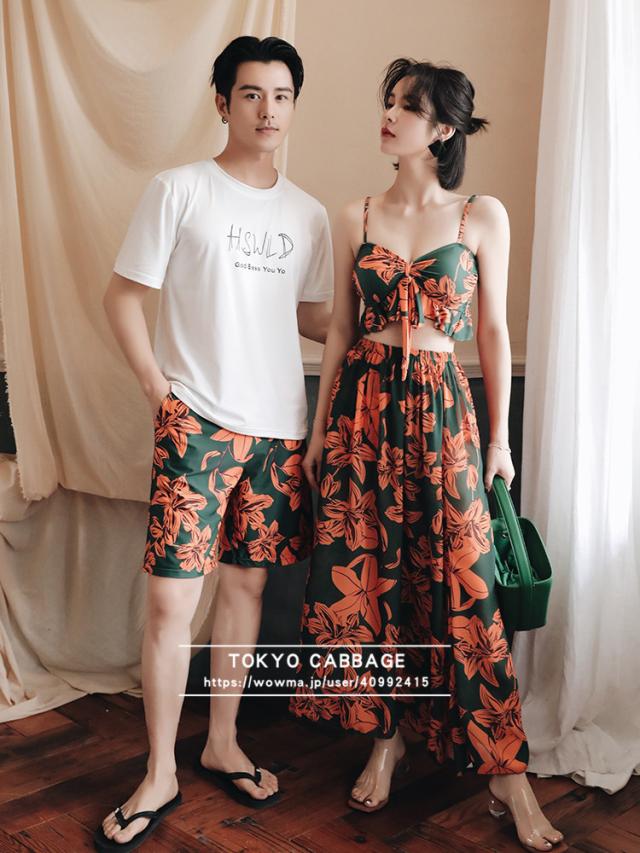 2021 ペア水着　水着セット　体型カバー　カップル水着　ワンピースタイプ　オールインワン　カラフル　体型カバー水着 サーフパンツ　pa　pa-210706-35 2021 ペア水着 水着セット 体型カバー カップル水着 ワンピースタイプ