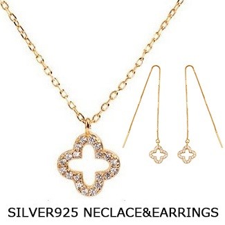 2点セット ネックレス ピアス レディース クローバー 四つ葉 ダイヤ 上品 プラチナ仕上げ シルバー925 女性 人気 誕生日プレゼント お祝いギフト