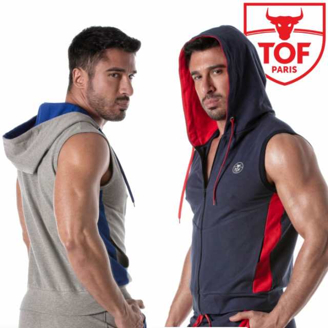 メンズ フート付きスウェット パーカー ノースリーブ タンクトップ スポーツウェア カジュアルウェア TOF Paris ZIPPED SLEEVELESS HOODI