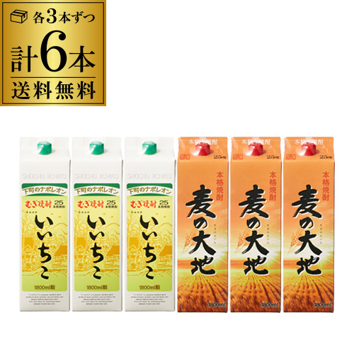 送料無料 麦焼酎飲み比べ 6本セット 麦の大地3本 いいちこ3本 パック 1.8L 1800ml 25度 一升 福徳長酒類 福岡県 大分県 乙類 長S