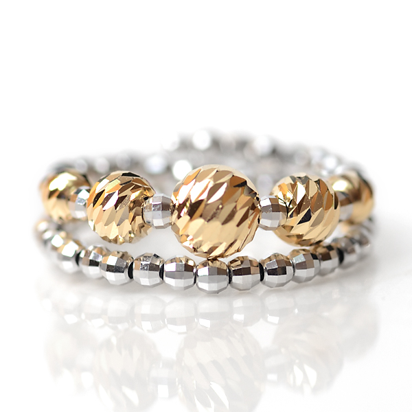 18金 リング 2連調 5mm玉入り ミラーボール K18 コイルリング カットボール スパイラル 指輪 形状記憶ワイヤー入り フリーサイズ K18PGピンクゴールド×ホワイトゴールド / K18YGイエローゴールド×ホワイトゴールドの通販は