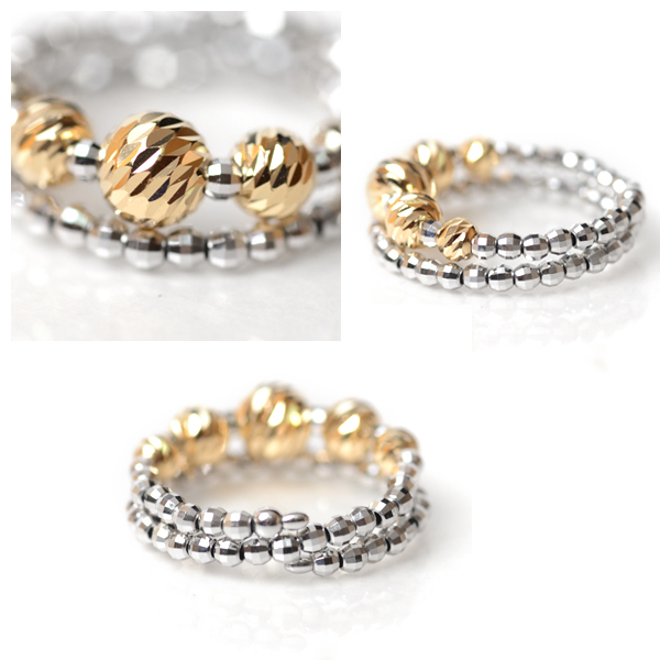 18金 リング 2連調 5mm玉入り ミラーボール K18 コイルリング カットボール スパイラル 指輪 形状記憶ワイヤー入り フリーサイズ K18PGピンクゴールド×ホワイトゴールド / K18YGイエローゴールド×ホワイトゴールドの通販は