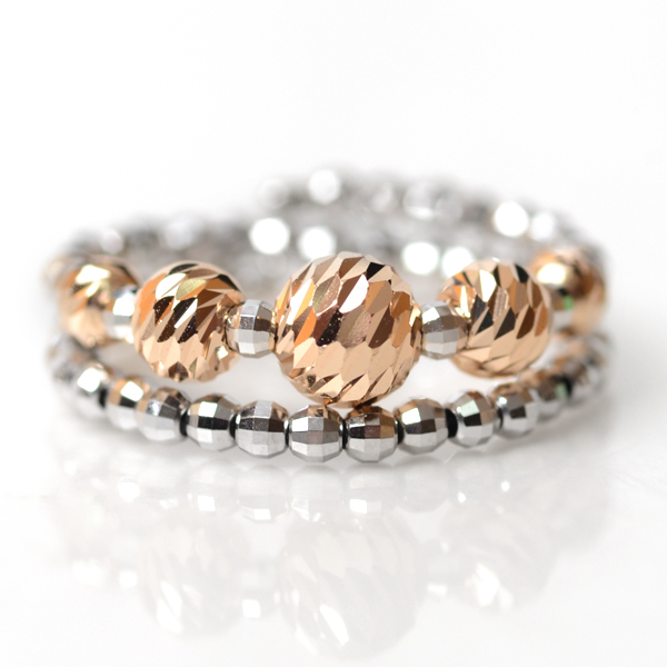 18金 リング 2連調 5mm玉入り ミラーボール K18 コイルリング カットボール スパイラル 指輪 形状記憶ワイヤー入り フリーサイズ K18PGピンクゴールド×ホワイトゴールド / K18YGイエローゴールド×ホワイトゴールドの通販は