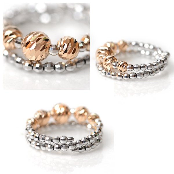 18金 リング 2連調 5mm玉入り ミラーボール K18 コイルリング カットボール スパイラル 指輪 形状記憶ワイヤー入り フリーサイズ K18PGピンクゴールド×ホワイトゴールド / K18YGイエローゴールド×ホワイトゴールドの通販は