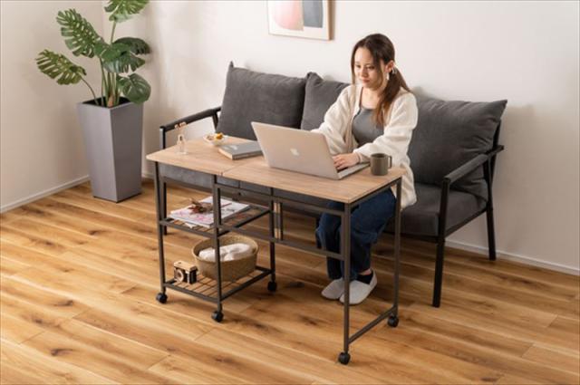 東谷 あづまや  【4985155237814】 バタフライデスク オープンラック ナチュラル サイドテーブル ワゴン キャスター付き 目隠し収納 スチールの通販は