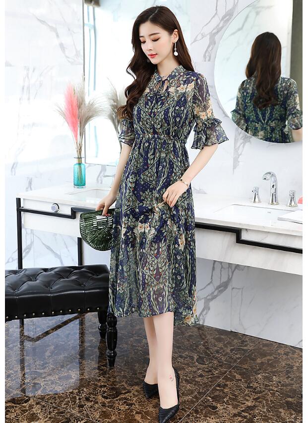 フリルワンピース 痩せる効果 大人 上品 レディース 女子会 パーティードレス食事会 可愛い通勤花柄ワンピ 膝丈代30代40代 シフォンの通販はau Pay マーケット 山室商店