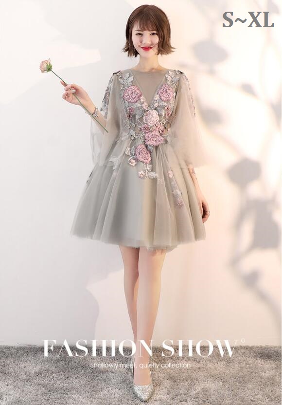 パーティードレス ミニドレス Vネック チュール ビーズ 刺繍花柄 フレアスリーブ Aライン グレー 披露宴二次会演奏会司会ステージの通販はau Pay マーケット 山室商店