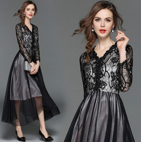 レースワンピース 長袖 Vネック ロングワンピース レディース 大人 食事会 通勤 Ol 二次会の通販はau Pay マーケット 山室商店