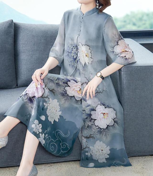 シルク ママ お呼ばれ プリント 立ち襟 チャイナドレス風 ワンピース 春夏 五分袖 ロング丈 レディース パーティードレス 着痩せ 普段着 の通販はau Pay マーケット 山室商店