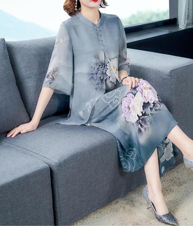 シルク ママ お呼ばれ プリント 立ち襟 チャイナドレス風 ワンピース 春夏 五分袖 ロング丈 レディース パーティードレス 着痩せ 普段着 の通販はau Pay マーケット 山室商店