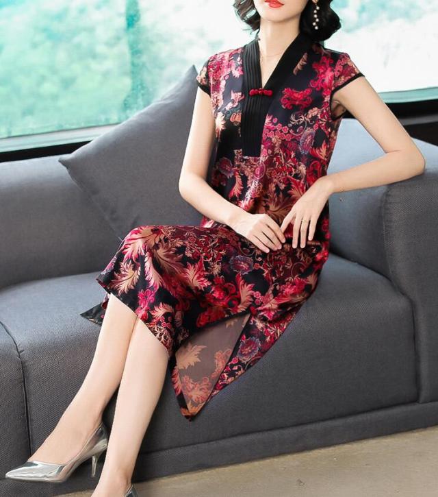 綺麗 プリント シルク ママ 上品 プリント ワンピース 春夏 半袖 膝丈 スリット レディース パーティードレス 着痩せ 普段着 二次会 30代の通販はau Pay マーケット 山室商店