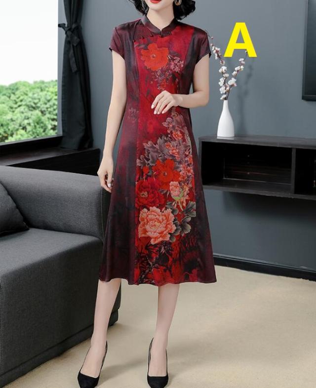 チャイナドレス風ドレス シルク 2色 ママ 立ち襟 花柄 ワンピース 春夏 半袖 膝丈 レディース パーティードレス 着痩せ 普段着 二次会 30の通販はau Pay マーケット 山室商店