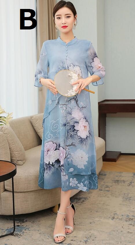 綺麗 レディース ママ シルク 花柄 チャイナドレス風ドレス 2色 ワンピース 春夏 五分袖 ロング丈 パーティードレス 着痩せ 普段着 二次の通販はau Pay マーケット 山室商店