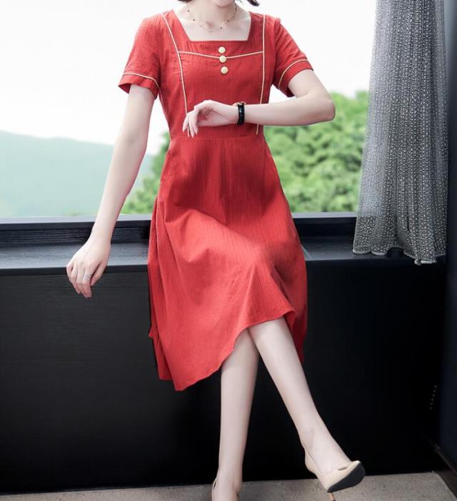 スクエアネック Chic ママ お呼ばれ レッド ワンピース 春夏 半袖 膝丈 レディース パーティードレス 着痩せ 普段着 結婚式 二次会 30代4の通販はau Pay マーケット 山室商店