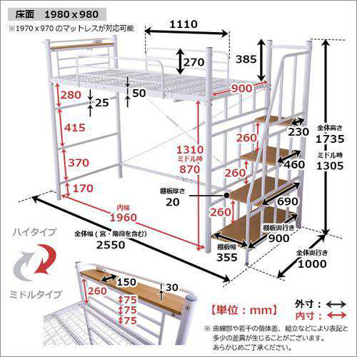 ロフトベッド シングル パイプベッド 頑丈 丈夫 ハイタイプ ハイベッド