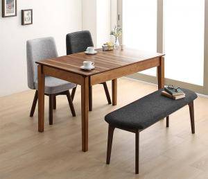 ダイニングテーブルセット 4人用 椅子 ベンチ おしゃれ 伸縮式 伸長式 安い 北欧 食卓 4点 ( 机+チェア2+長椅子1 ) 幅120-180 デザイナーズ クール スタイリッシュ ヘリンボーン風 ミッドセンチュリー ウォールナット 大きい 大きめ パーティ ビュッフェ 幅120 幅150 幅180 の通販は