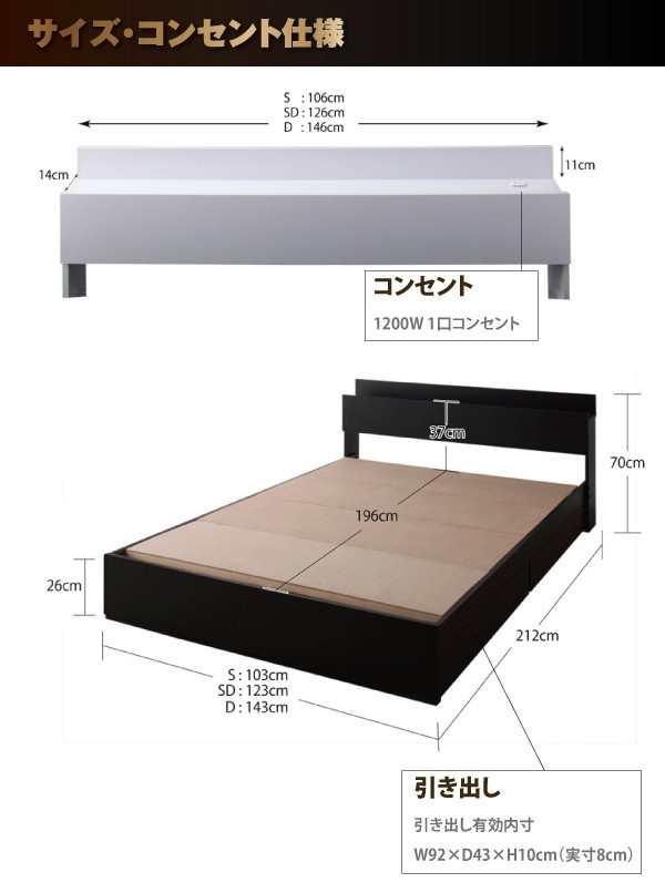 セミダブルベッド 一人暮らし SD フレームのみ チェストベッド ミドル ベッド下収納 引き出し付き 大容量 宮付き ヘッドボード 枕元 棚 