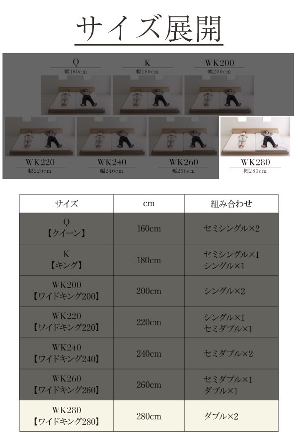 連結ベッド 幅280 ワイド 2人 3人 4人 家族 つなげる 2台 分割 ファミリー 親子 マットレス付き ローベッド ロータイプ フロア 低床 低い 宮 ヘッドボード 枕元 棚 ラック 携帯 ティッシュ メガネ リモコン 頭上 収納 コンセント スマホ 充電 ヴィンテージ モダン レトロ_2