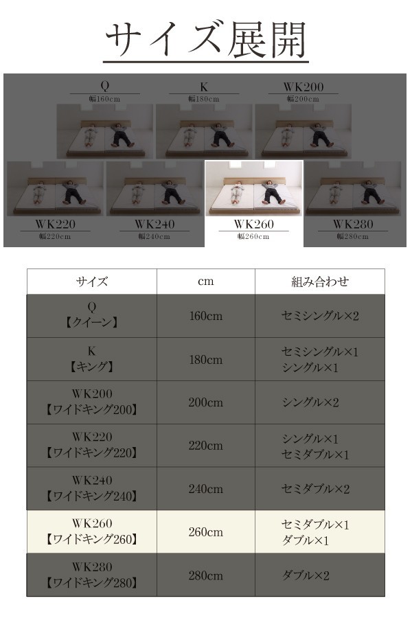 連結ベッド 幅260 ワイド 2人 3人 4人 家族 つなげる 2台 分割 ファミリー 親子 マットレス付き ローベッド ロータイプ フロア 低床 低い 宮 ヘッドボード 枕元 棚 ラック 携帯 ティッシュ メガネ リモコン 頭上 収納 コンセント スマホ 充電 ヴィンテージ モダン レトロ_2