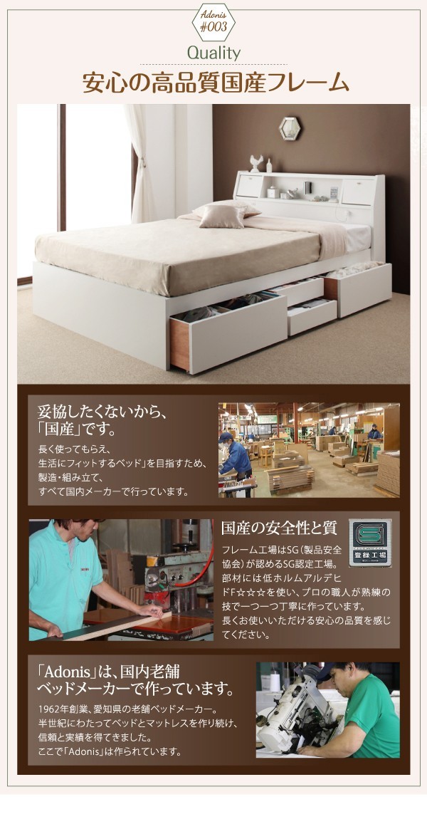 ダブルベッド 2人 マットレス付き チェストベッド ミドル ベッド下収納 引き出し付き 大容量 宮 ヘッドボード 枕元 棚 ラック 携帯 ティッシュ メガネ リモコン 頭上 収納 照明 読書灯 ライト 電気 コンセント ゲーム スマホ 充電 デザイナーズ ホテル モダン 高級 メンズ_3