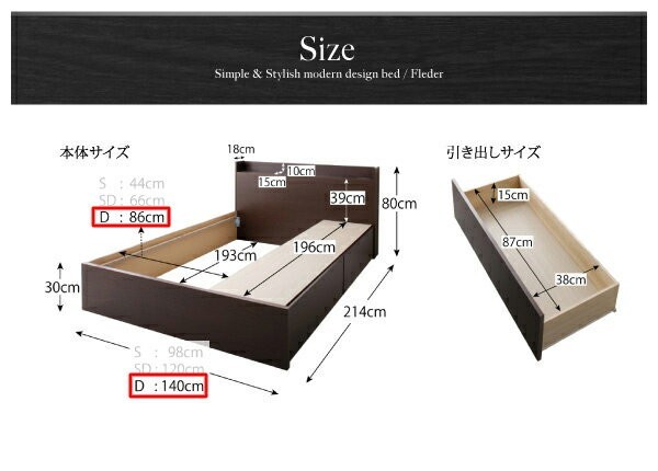 ダブルベッド 2人 マットレス付き チェストベッド ミドル ベッド下収納 引き出し付き 大容量 宮 ヘッドボード 枕元 棚 ラック 携帯 ティッシュ メガネ リモコン 頭上 収納 コンセント ゲーム スマホ 充電 電気 布団 直置き マットレス不要 ヴィンテージ メンズ モダン レトロ_2