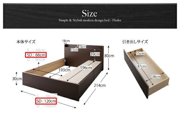セミダブルベッド 一人暮らし SD マットレス付き チェストベッド ミドル ベッド下収納 引き出し 大容量 宮 ヘッドボード 枕元 棚 ラック 携帯 ティッシュ メガネ リモコン 頭上 収納 コンセント スマホ 充電 すのこ 布団 直置き マットレス不要 ヴィンテージ モダン レトロ_2