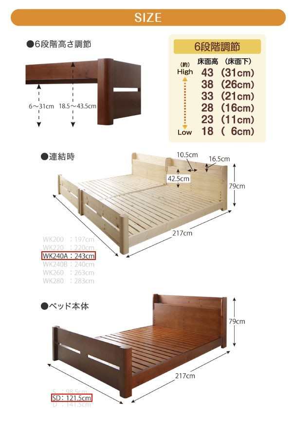 連結ベッド 幅240 キング ワイド 2人 3人 4人 家族 つなげる 2台 分割