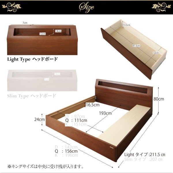 クイーンベッド 家族 ファミリー 親子 ワイド フレームのみ チェストベッド ミドル ベッド下収納 引き出し 大容量 宮 ヘッドボード 枕元 棚 ラック 携帯 ティッシュ メガネ リモコン 頭上 収納 コンセント スマホ 充電 電気 照明 読書灯 ライト ヴィンテージ モダン レトロ_2