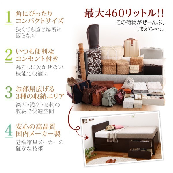 シングルベッド 一人暮らし ショート丈 フレームのみ チェストベッド ミドル ベッド下収納 引き出し付き 大容量 フラットヘッドボード 薄型 コンセント ゲーム ケーブル 収納 スマホ 充電 電気 デザイナーズ ホテル モダン 高級 メンズ_4