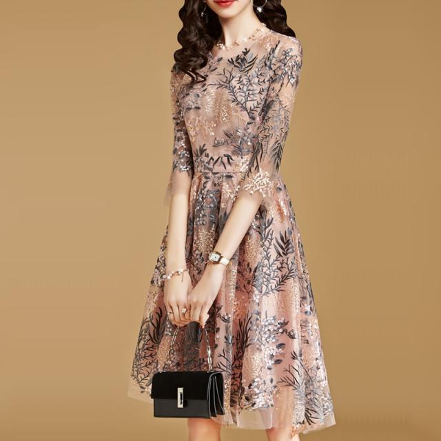 送料込み ワンピース 夏 半袖 7分袖 きれいめ 上品 花柄 ボタニカル柄 春秋 膝丈 お出かけお呼ばれ 刺繍 ナチュラル ピンク 可愛いの通販はau Pay マーケット Moss Moss